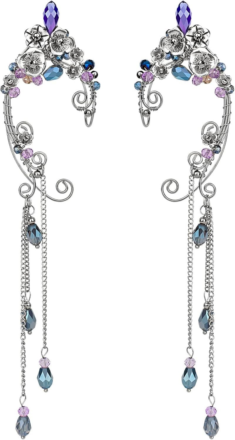 Yolmina Elven Ear Cuffs for Women, Handmade Elf Fairy Earrings Cuff Wrap Clip-on Filigree Earrings for Fantasy Fairy Halloween Costume, Cosplay, Wedding, Handcraft (Silver) - Image 1